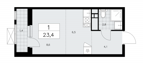 1-комнатная, 23.4 м²