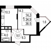 1-комнатная квартира 36,5 м²