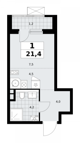 1-комнатная, 21.4 м²