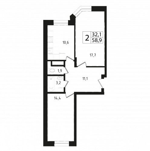 2-комнатная, квартира, 58.9 м²