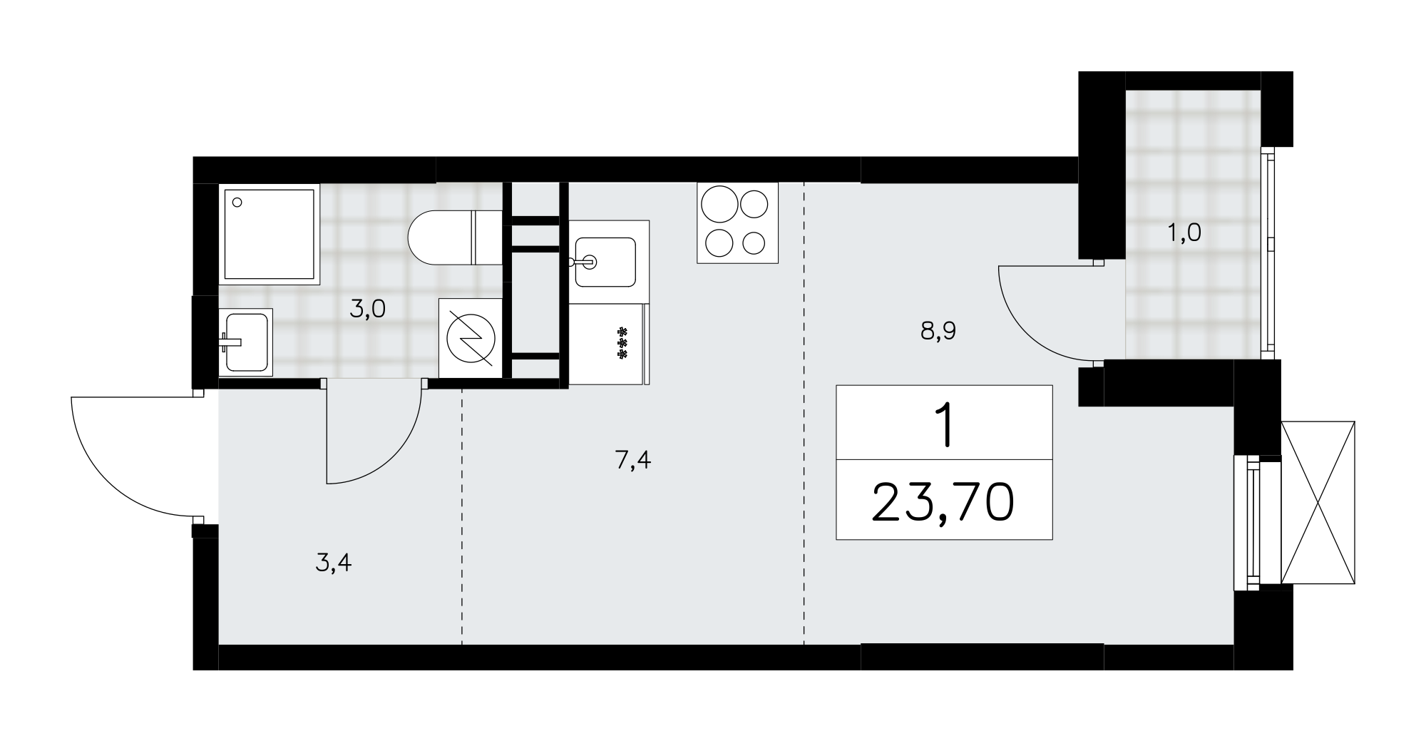 1-комнатная квартира №24К-28.2-395, 23,7 м² за 8,13 млн руб. в ЖК «Скандинавия» - планировка