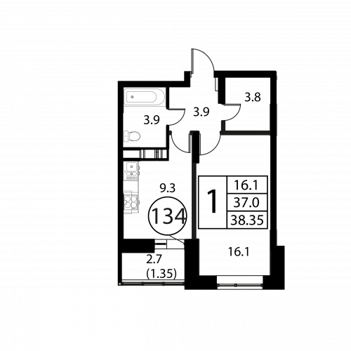 1-комнатная, квартира, 38.35 м²