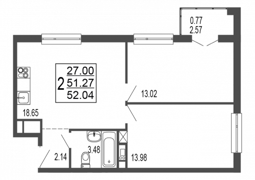2-комнатная, квартира, 53.08 м²