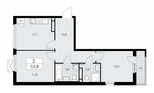 2-комнатная, 53.8 м²