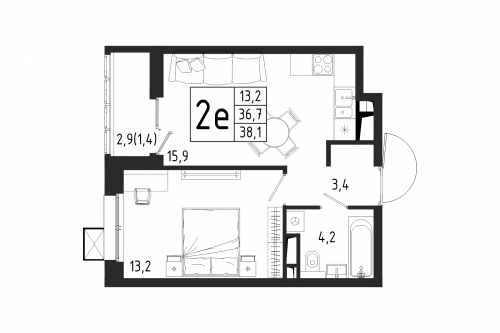 1-комнатная, квартира, 38.1 м²