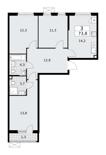 3-комнатная, 73.8 м²