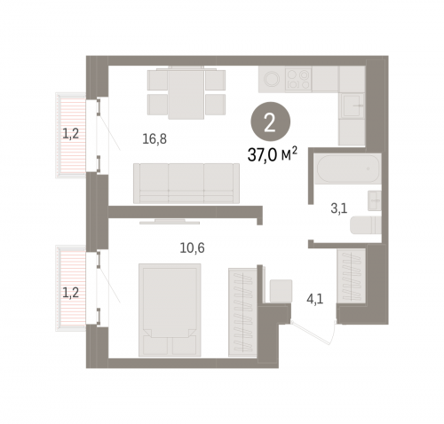 2-комнатная, квартира, 37 м²