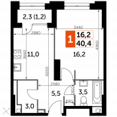 1-комнатная квартира 40,4 м²