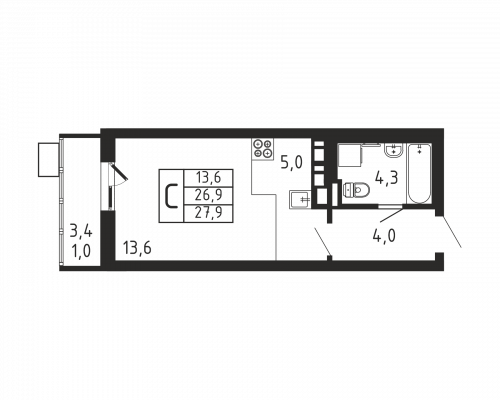 Студия, 27.9 м²