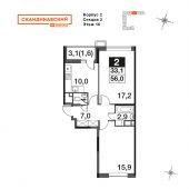 2-комнатная квартира 56 м²