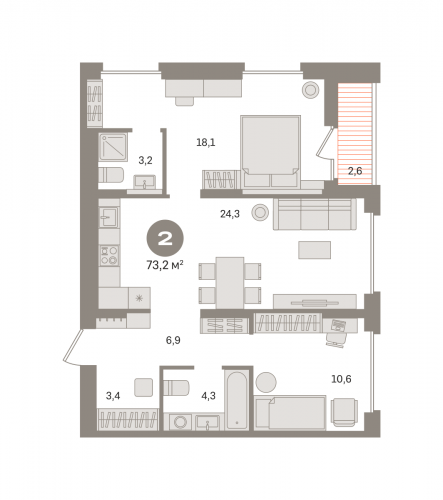 2-комнатная, квартира, 73.2 м²