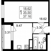 1-комнатная квартира 37,16 м²