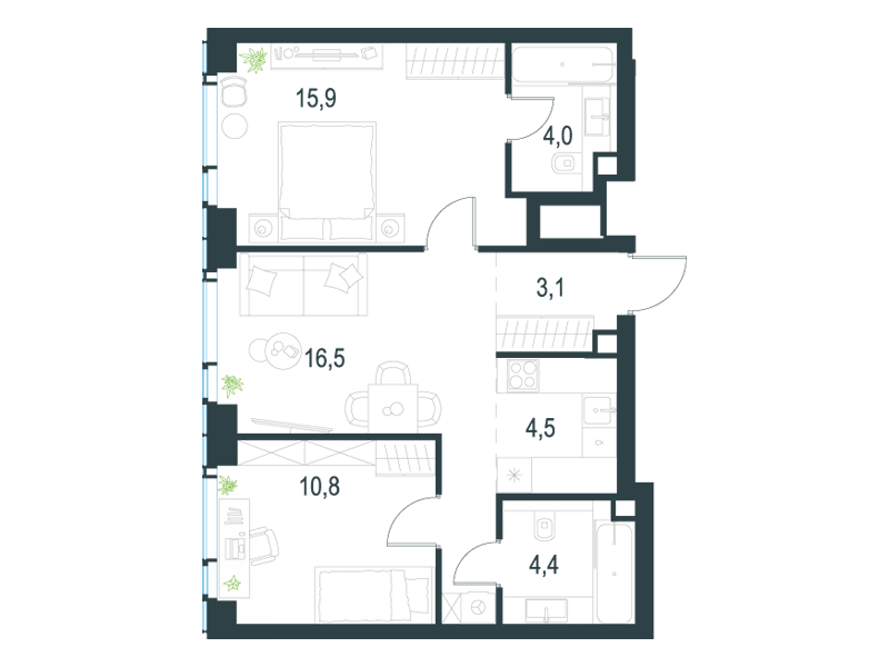 3-комнатные апартаменты №99, 59,2 м² за 26,71 млн руб. в ЖК «Level Мичуринский» - планировка