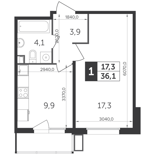 1-комнатная, квартира, 36.1 м²