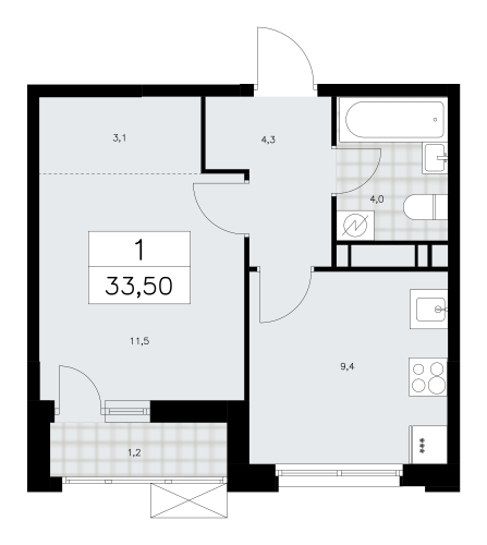 1-комнатная, 33.5 м²