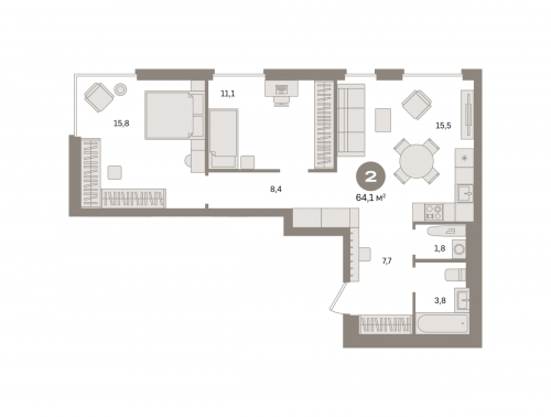2-комнатная, квартира, 64.05 м²