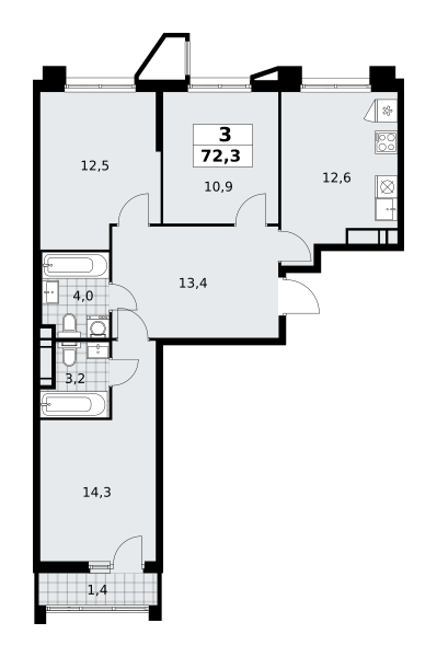 3-комнатная квартира №58К-7.1.2-347, 72,3 м² за 20,26 млн руб. в ЖК «Прокшино» - планировка