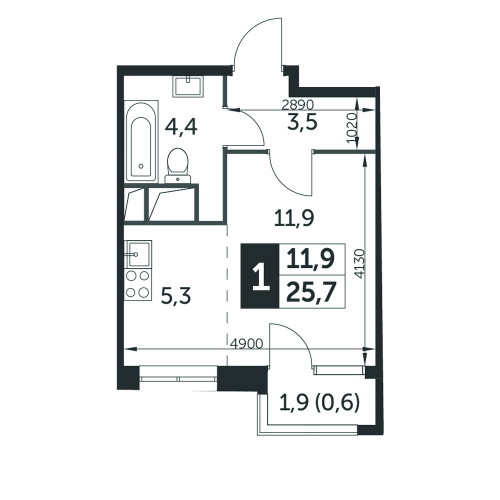Студия, 25.6 м²