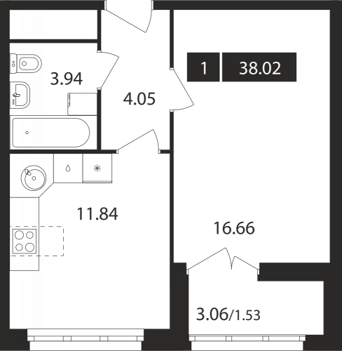 1-комнатная, квартира, 38.02 м²