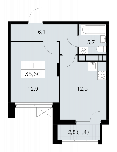 1-комнатная, 36.6 м²
