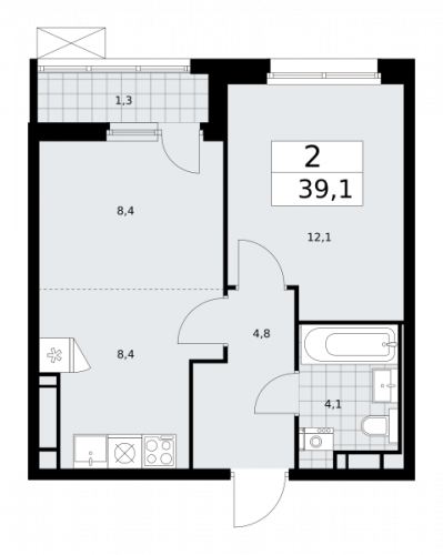 2-комнатная, 39.1 м²