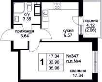 1-комнатная квартира 35,96 м²