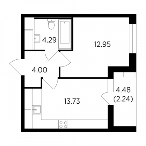 1-комнатная, 37.25 м²