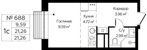 Студия, 21.26 м²