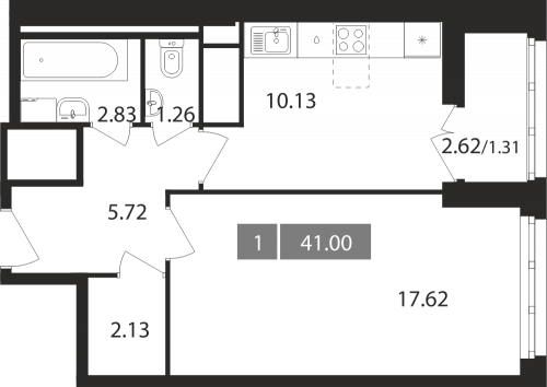 1-комнатная, квартира, 41 м²