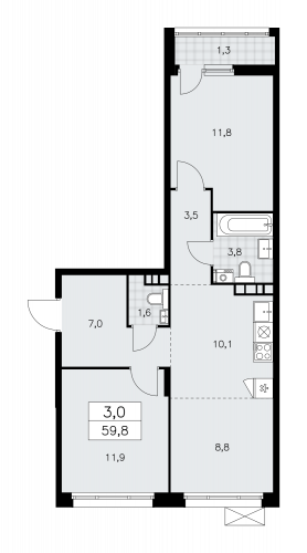 3-комнатная, 59.8 м²