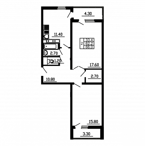 2-комнатная, квартира, 66 м²