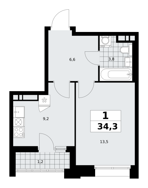 1-комнатная квартира №58К-7.1.2-404, 34,3 м² за 13,34 млн руб. в ЖК «Прокшино» - планировка