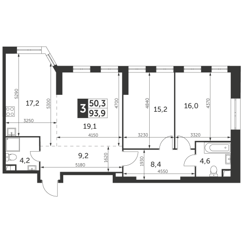 3-комнатная, квартира, 93.9 м²
