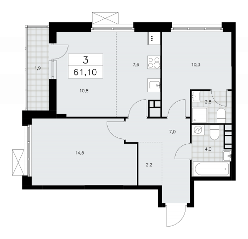 3-комнатная, 61.1 м²