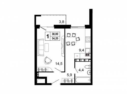 1-комнатная, 36.4 м²