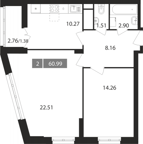 2-комнатная, квартира, 60.99 м²