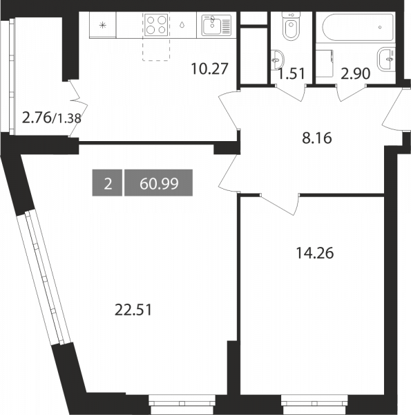 2 комнаты до 60.99