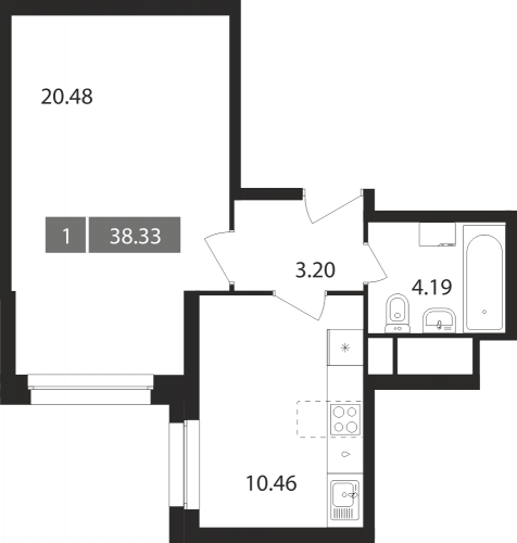 1-комнатная, квартира, 38.33 м²