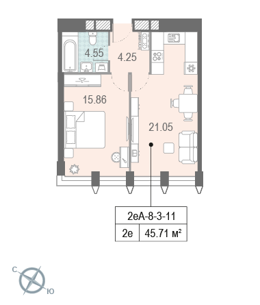 1-комнатная, квартира, 45.71 м²