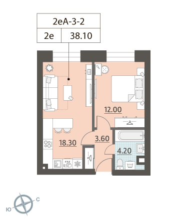 1-комнатная, квартира, 38.1 м²