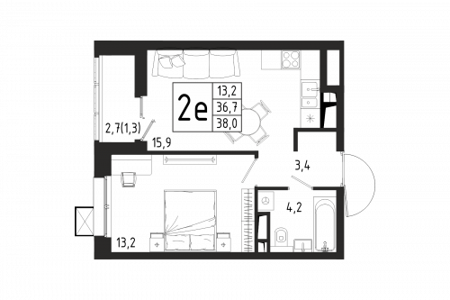 1-комнатная, квартира, 38 м²