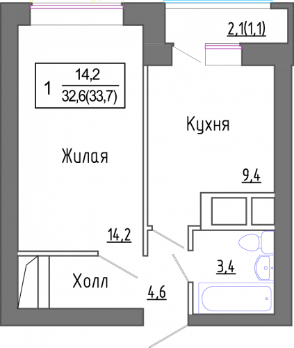 1-комнатная, 32.15 м²