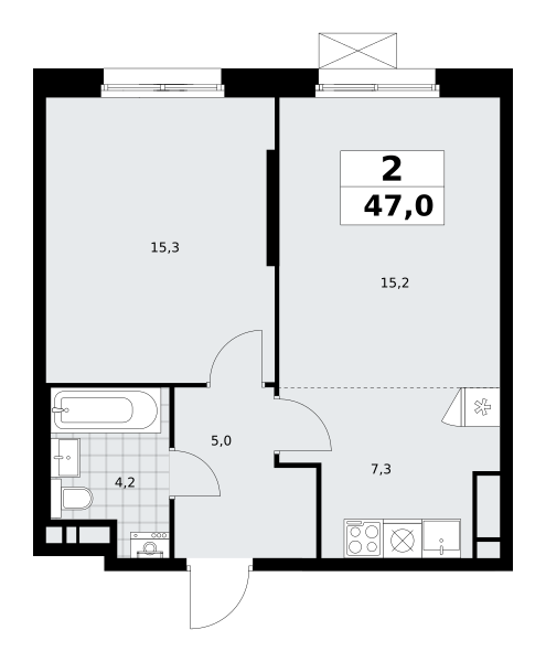 2-комнатная квартира №58К-7.1.1-186, 47,0 м² за 13,45 млн руб. в ЖК «Прокшино» - планировка