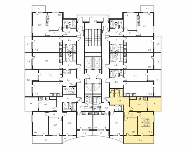 2-комнатная, квартира, 52.9 м²