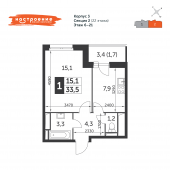 1-комнатная квартира 33,5 м²