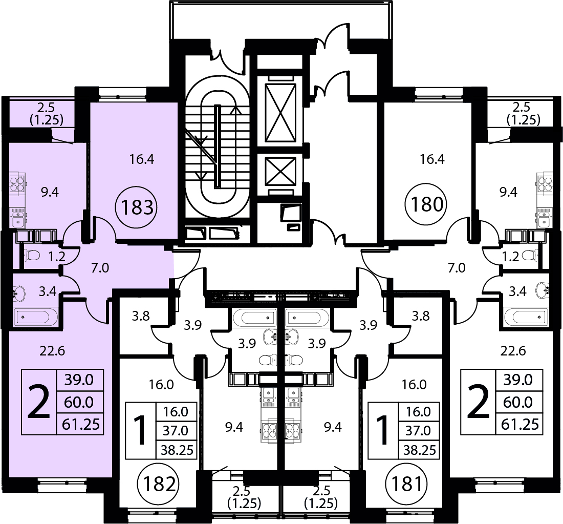 2-комнатная квартира №183, 61,3 м² за 9,98 млн руб. в ЖК «Космос» - планировка
