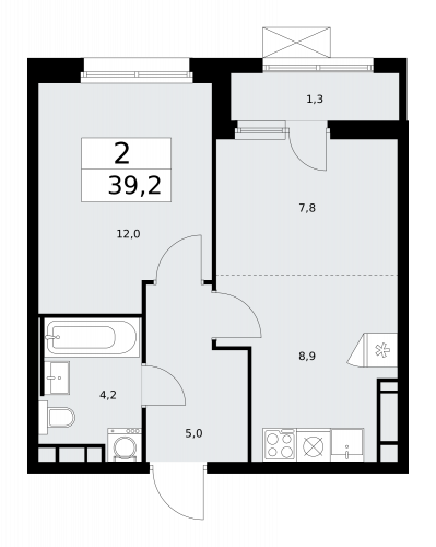 2-комнатная, 39.2 м²