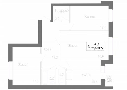 3-комнатная, 74.7 м²