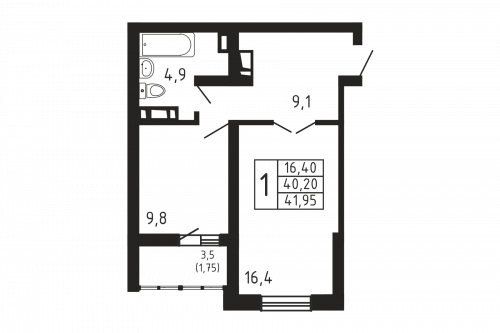 1-комнатная, квартира, 41.95 м²