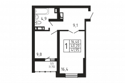 1-комнатная квартира 41,95 м²